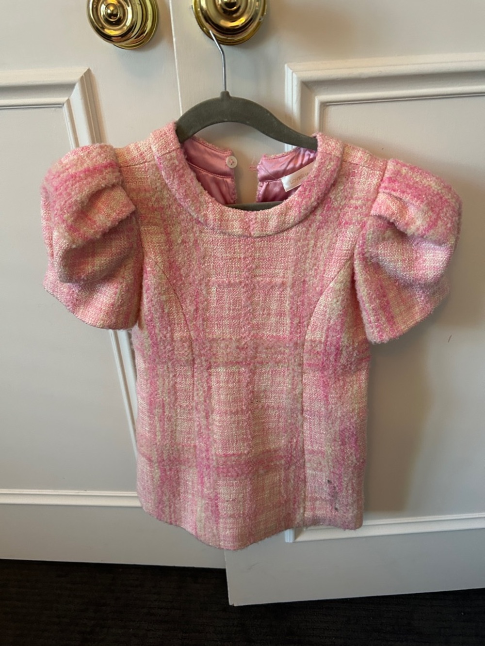 LoveShackFancy Pink Tweed Puff-Sleeve Top for Kids